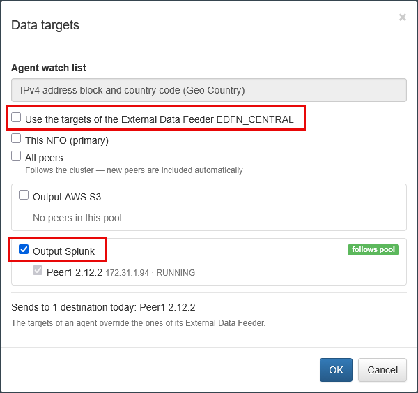 Data targets dialog for a single agent, with the inherit checkbox cleared and one pool selected