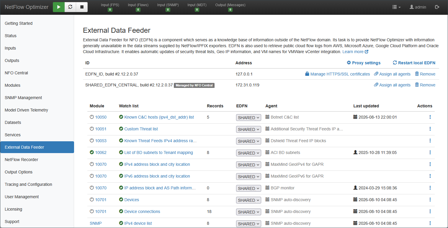 External Data Feeder page showing a local EDFN and a shared EDFN with the Managed by NFO Central badge