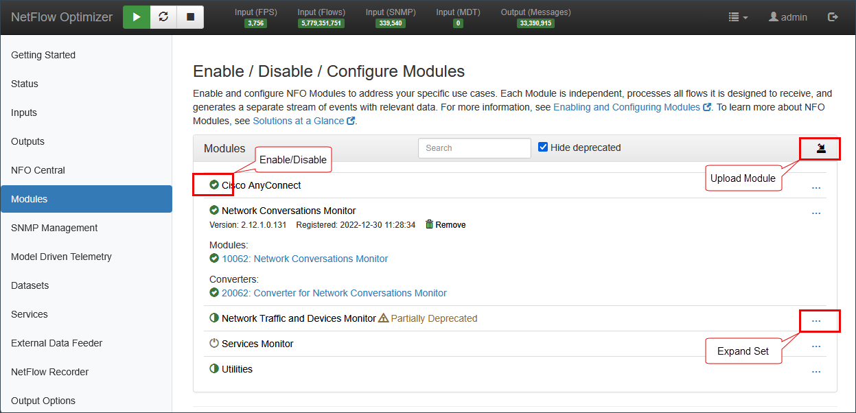 Modules page with callouts for the Enable/Disable icon, Upload Module button, and Expand Set control