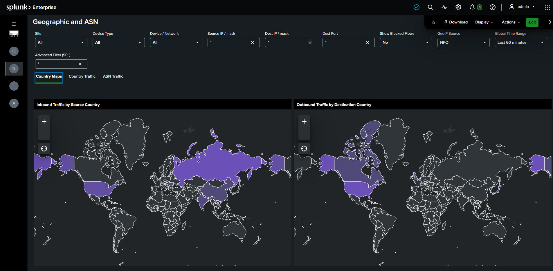 Geographic and ASN dashboard showing side-by-side choropleth world maps for inbound traffic by source country and outbound traffic by destination country